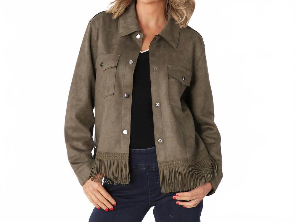 NEW LISETTE ashley suede fringe detail jacket in olive